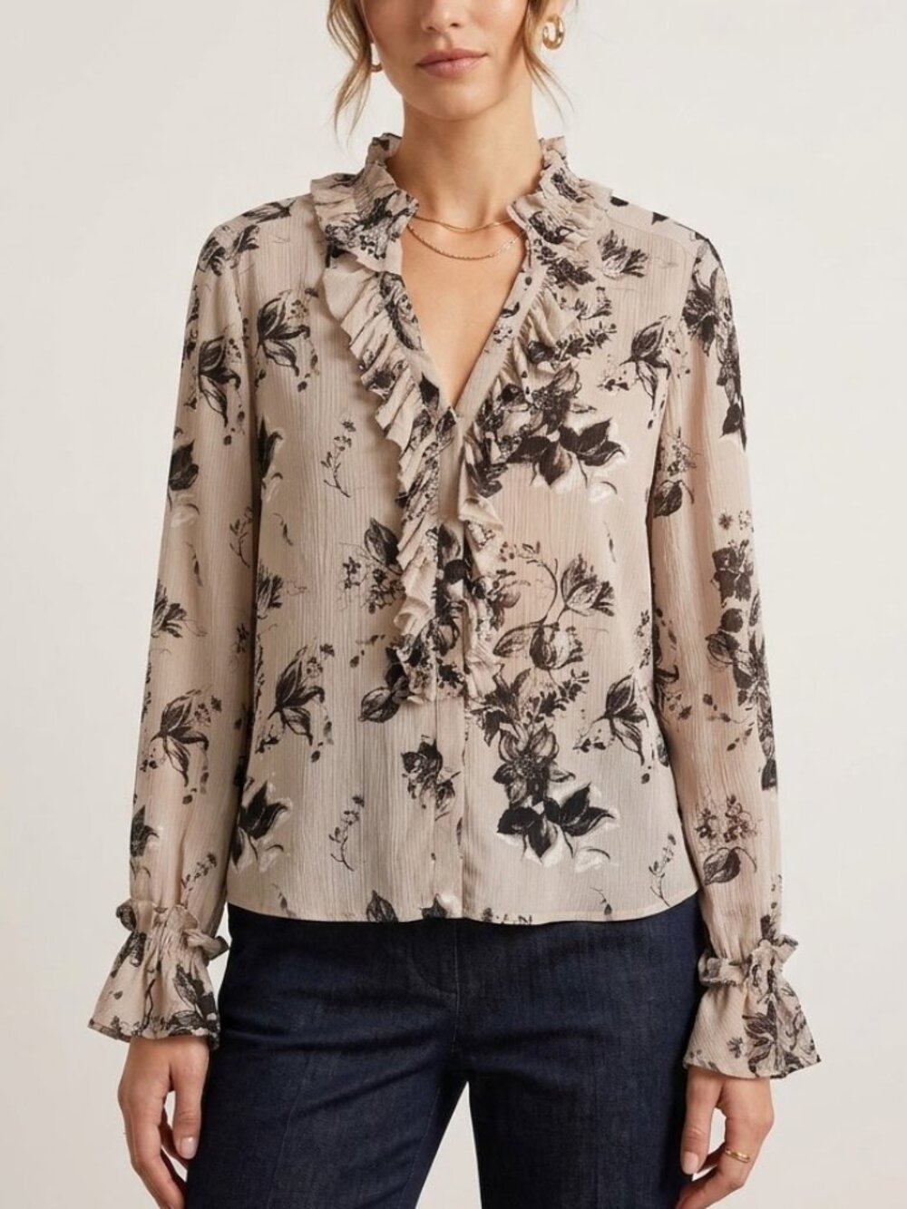 Go by GoSilk 100% Washable Silk Floral Ruffle Tan/Black Blouse Large Boho Chic